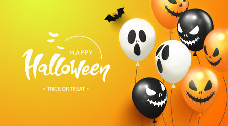 Happy Halloween Poster with scary balloons and paper bats on orange background.Vector illustration for website , posters, ads, coupons, promotional materialのイラスト素材
