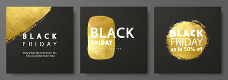 Black friday set of promotional cards with golden figures.Banners for commercial events, discounts, black friday shopping, promotional material, sale, product promotion. Vector illustrationのイラスト素材