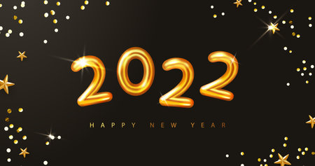 2022 Happy New Year. 3d render gold metallic sign ,confetti and golden stars. Festive New Year...