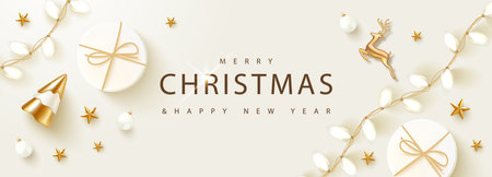 Happy New Year banner. Holiday background with Golden metal deer, Christmas tree,Christmas tree balls,stars,gift box and luminous garland.Vector illustration for website,posters,ads,coupons,promotional materialのイラスト素材