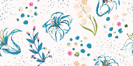 Seamless pattern with watercolor flowers and hand-drawn details. Floral background for the design of...