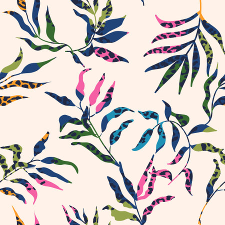 Modern seamless pattern with exotic leaves.Abstract background with tropical plants for textiles, covers, wallpapers, fabric, promotional material and more. Vector illustrationのイラスト素材