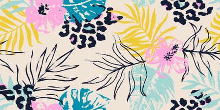 Seamless pattern with tropical leaves and hand drawn leopard spots. Floral background for the design of textiles, covers, wallpapers, fabric, promotional material and more. Vector illustrationのイラスト素材