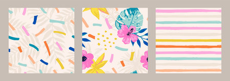 Set of abstract seamless patterns.Modern background with tropical leaves, flowers and hand drawn...