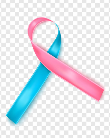 A ribbon symbol for informing men about breast cancer. Realistic blue and pink silk ribbon on transparent background.のイラスト素材