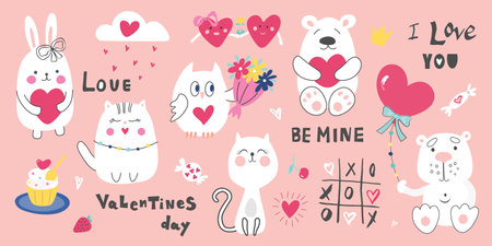 Cute valentines day stickers for planner, love letter or diary. Cartoon decoration, hand drawn design elements. Vector set of romantic stickers.のイラスト素材