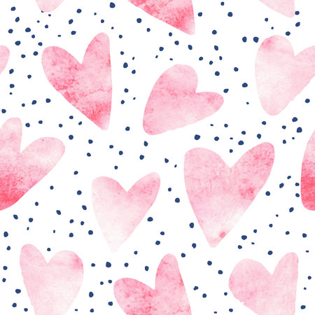 Watercolor hearts and hand drawn dots on white background. Seamless pattern for covers, cards,...