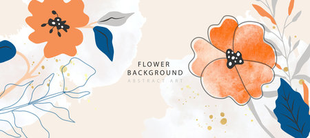 Abstract background with orange flowers and watercolor.Can be use banner, promotional materials,voucher, wallpaper,flyers, invitation, brochure, coupon discount.のイラスト素材