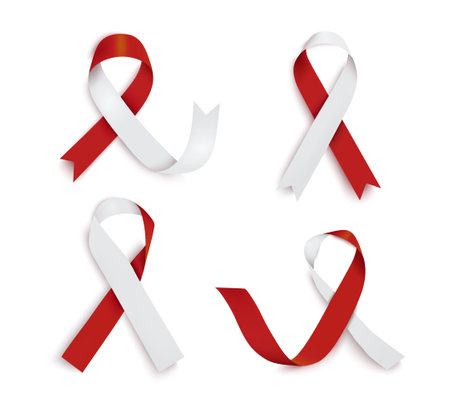 Head and neck cancer awareness ribbon vector illustration isolated on white background. Realistic vector red and white silk ribbon with loopのイラスト素材