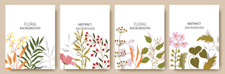 Set of flowers, foliage, plants, abstraction, lines, contours.Trendy concept for logo, postcard, banner, poster, vector illustration.のイラスト素材
