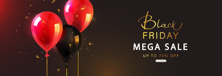 Black Friday Mega Sale.Horizontal banner with beautiful balloons and golden text.Creative glowing design.Vector illustrationのイラスト素材