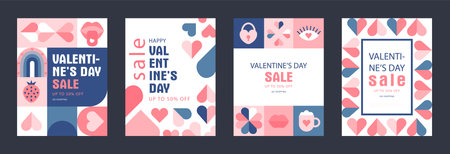 Happy Valentines Day Sale, February 14th. Set of vector illustrations for banner, posters, holiday cover . Abstract design with romantic decorative elements. Modern minimalist geometric style.のイラスト素材