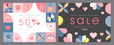 Happy Valentines Day Sale, February 14th. Set of vector illustrations for banner, posters, holiday cover . Abstract design with romantic decorative elements. Modern minimalist geometric style.のイラスト素材