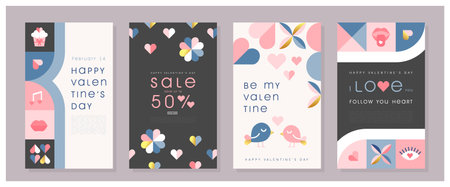 Happy Valentines Day Sale, February 14th. Set of vector illustrations for banner, posters, holiday cover . Abstract design with romantic decorative elements. Modern minimalist geometric style.のイラスト素材