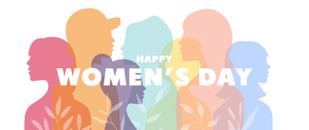 International Womens Day banner. Women of different nationalities, silhouettes of women. Girl power, struggle for equality, feminism, sisterhood concept. Vector illustrationのイラスト素材