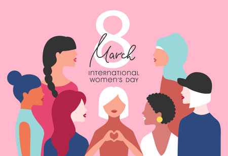 International Womens Day greeting banner. Women different nationalities on pink background. Girl...