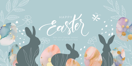 Happy Easter banner. Design with beautiful painted eggs, rabbits, various spring plants, golden splashes and handwritten inscription. Vector illustration.のイラスト素材