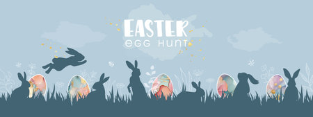 Easter Egg hunt banner. Design with beautiful painted eggs, rabbits, various spring plants, golden splashes and handwritten inscription. Vector illustration.のイラスト素材