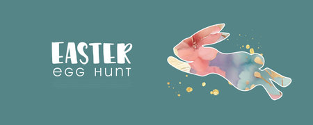 Easter Egg hunt banner. Design with beautiful painted rabbit and golden splashes. Vector illustration.のイラスト素材
