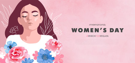 International Womens Day , March 8th.Banner with beautiful girl and watercolor flowers. Vector illustrationのイラスト素材