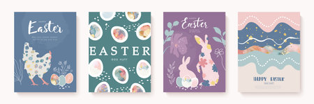 Easter card set. Modern fashionable design with painted eggs, hares, chicken. Vector illustration...