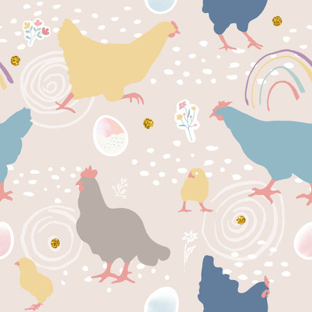 Seamless pattern with chickens, eggs, flowers and hand drawn doodles. Vector illustrationのイラスト素材