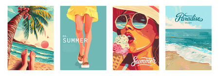 Set of summer postcards with illustrations of a woman with ice cream, sea, palm trees, feet in...