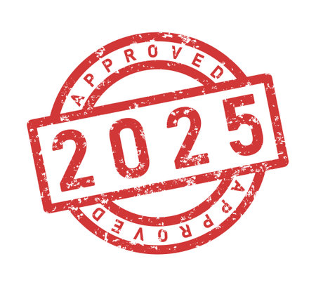 Approved 2025 red stamp. Grange mark in red paint on white background. Vectorのイラスト素材