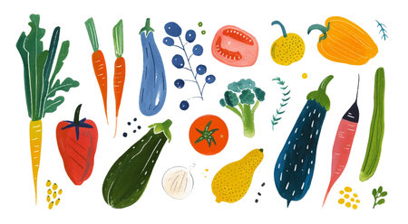 Set of watercolor vegetables. Carrots, peppers, eggplant, tomatoes, broccoli, cucumber and other...
