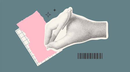 Trendy collage with halftone hand writing on pink piece of paper. Education concept, business idea, note. Trendy vector illustration.のイラスト素材