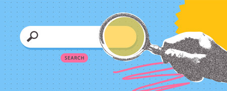 Halftone hand holds a magnifying glass over white search bar with magnifying glass icon. Modern collage, online search. Vector illustration.のイラスト素材