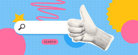 Stylized illustration featuring white search bar with magnifying glass icon and thumbs up hand gesture. Halftone modern collage, online search. Vector illustration.のイラスト素材