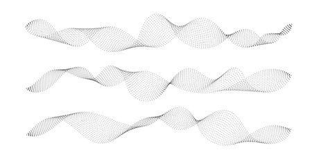 Set of black halftone waves on white background. Curve shape with small particles. Abstract liquid shapes, wave effect, dotted gradient, texture, sound wave. Digital equalizer. Vector collectionのイラスト素材