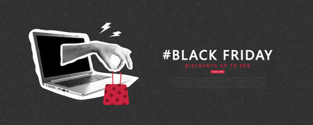 Black Friday banner with halftone laptop and hand with gift bag. Creative collage, paper fashion sale design. Y2K modern template for banner, poster, advertising materials. Vector illustrationのイラスト素材