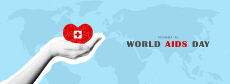 Banner dedicated to World AIDS Day on December 1. Halftone hand with red heart. Vector illustration....