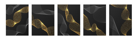 Set of cards with golden shiny wavy lines. Dynamic sound waves, energy flow, pulsation of musical...