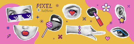 Modern trendy set with halftone and pixel design elements. Collection of vector stickers, retro y2k illustrations. Eyes with retro glasses, kiss, tongue with lollipop, hand with bracelet, lips with lipstick, ear with earring and more.のイラスト素材