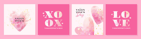 Set of beautiful trendy Valentines day cards. Watercolor hearts. Romantic design templates for February 14 or wedding invitations. Elegant vector illustrations