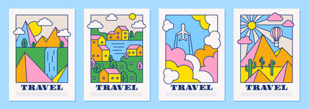 Set of cute summer cards with various landscapes, mountains, houses, plane in the clouds, hot air balloon and cacti. Bright, colorful flat illustrations perfect for kids greeting cards, posters, or seasonal decorations. Trendy retro style.のイラスト素材
