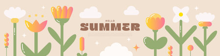 Cute summer illustration with colorful gradient flowers, green leaves, clouds, and text on a beige background. Modern trendy design. Perfect for seasonal designs, banner or greeting cards.のイラスト素材