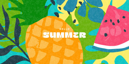Bright summer background with tropical fruits and leaves. Watermelon, pineapple, abstract style....