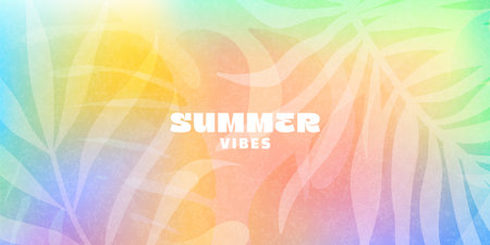 Colorful summer background with tropical leaf silhouettes. Gradient pastel tones create a fresh, fun, and vibrant seasonal atmosphere.Ideal for banners, posters and advertising materials.のイラスト素材