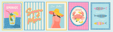 Colorful Mediterranean summer concept with lemonade, italian text on striped background, elegant...