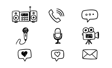 Set of media and communication icons in a hand-drawn doodle sketch style. Outline graphic elements for social media, blog and web design, isolated on white background, vector illustration.の素材