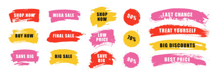 Colorful set of sale banners and labels in grunge hand-drawn brush stroke style. This collection of promotional tags is perfect for creating eye-catching discount announcements for modern retail, vector illustration.のイラスト素材