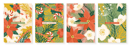 Set of Christmas vertical greeting cards with winter flowers. Collection of modern artistic templates featuring poinsettias, holly, hellebore, and candy canes for holiday invitations or posters. Vector illustration.のイラスト素材