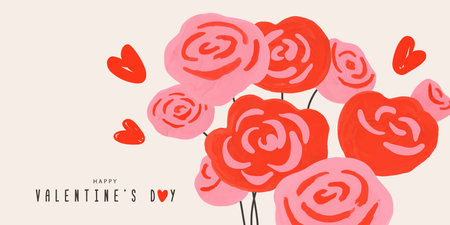 Romantic Valentines Day banner with hand drawn roses and hearts.Vector illustration with gouache texture for congratulations, web design, social networks and holiday decoration.のイラスト素材