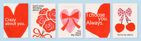 A set of romantic Valentines Day greeting card designs. Expressive, hand-drawn style with watercolor...
