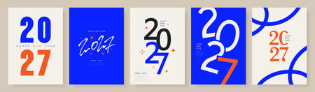Set of New Year card designs in a modern minimalist style with bold typography. Luminous blue and vibrant orange colors for holiday posters and seasonal greetings, vector illustration.