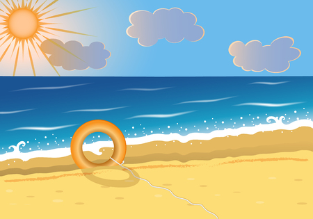 Summer beach background with lifebuoy on sea sand. Vector illustrationのイラスト素材